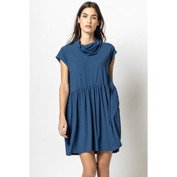 Lilla P Cowl Mini Dress Size S Blue Lagoon Viscose Stretch Shift Sustainable - Picture 1 of 11